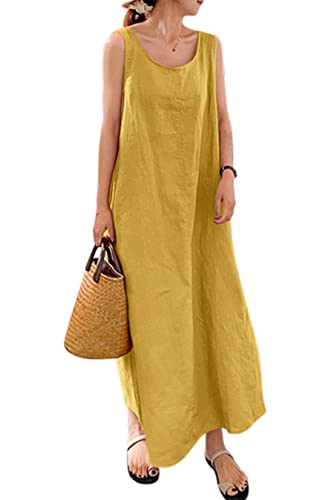 Lanomi Sommerkleid Damen Baumwolle Leinen Kleid Lang Freizeitkleid Ärmelloses Einfarbig Strandkleid Locker Tunika Kleider mit Taschen Gelb L von Lanomi