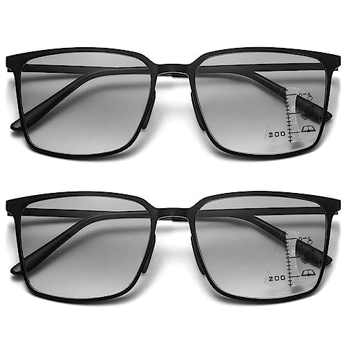 Lanomi Sonnen Lesebrille Blaulichtfilter Gleitsichtbrille Damen Herren Progressive Multifocal Sonnenleser Metall Lesehillfe UV Schutz Brille mit Stärke 2 Paar Schwarz 2.0 von Lanomi