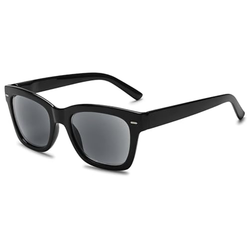 Lanomi Sonnen Lesebrille Damen Herren mit Grau Sonnenschutz Lesehilfe Rechteckig Kunststoff Rahmen Federscharnier Sehhilfe Outdoor Sonnenleser Getönt Brille mit Sehstärke Schwarz Rahmen Grau Leser 3.0 von Lanomi