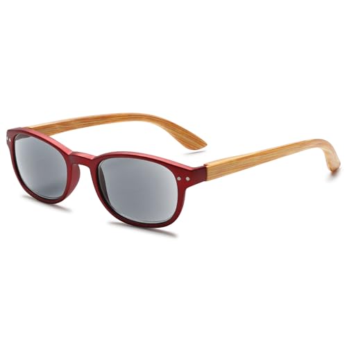 Lanomi Sonnen Lesebrille mit Holzbein Damen Herren Rechteckig Outdoor Lesehilfe Grau Linse Kunststoff Federscharnier Sehhilfe Getönt Sonnenbrille mit Sehstärke Rot 2.0 von Lanomi