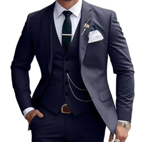 Lanshion 3-teiliges Anzug-Set für Herren, 2 Knöpfe, schmale Passform, gekerbtes Revers, solide Blazer, Weste, Hose, Marineblau, XX-Large von Lanshion