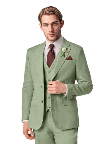 Lanshion Herrenanzug aus Leinen, 3-teilig, für Sommer, schmale Passform, Blazer-Set für Strand, Hochzeiten, Partys, leger, Business-Jacke, Weste, Hose, Hellgrün, L von Lanshion