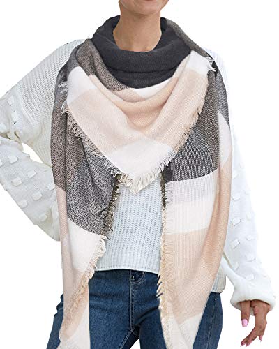 Lantch Damen Schal Kariert übergroßer Quadratisch Deckenschal Herbstschal Winterschal Karo Tartan Streifen Plaid Muster XXL Oversized Fransen Poncho (Stil 1) von Lantch