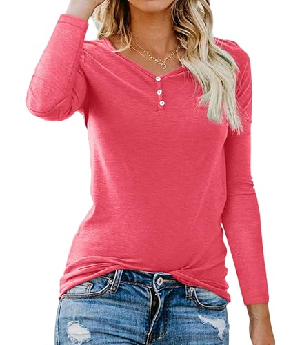 Lantch Langarmshirt Damen Baumwolle Basic V-Ausschnitt Herbst Shirt Langarm Longsleeve Damen Oberteile Tunika Tshirt Tops mit Button von Lantch