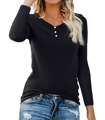 Lantch Langarmshirt Damen Baumwolle Basic V-Ausschnitt Herbst Shirt Langarm Longsleeve Damen Oberteile Tunika Tshirt Tops mit Button von Lantch