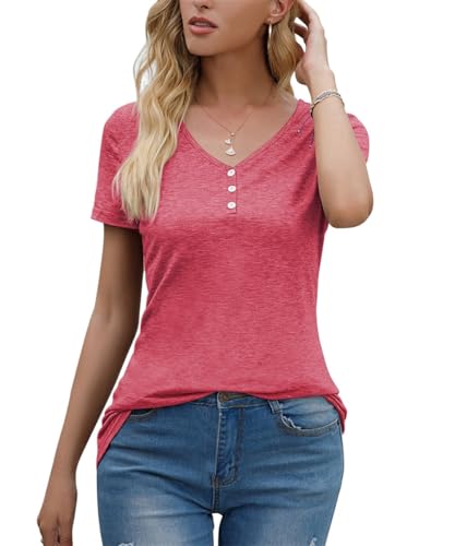 Lantch Tshirt Damen Sommer Basic Kurzarm Shirt Elegant V-Ausschnitt Oberteile Freizeit T-Shirt Tuniken Tops mit Button von Lantch