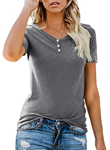 Lantch Tshirt Damen Sommer Basic Kurzarm Shirt Elegant V-Ausschnitt Oberteile Freizeit T-Shirt Tuniken Tops mit Button von Lantch