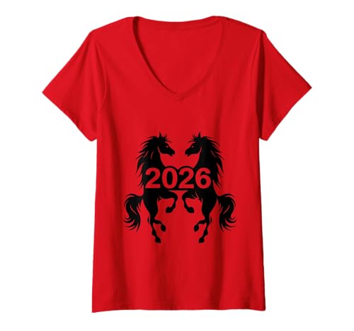 Damen Jahr des Pferdes 2026 Chinesisches Neujahr 2026 T-Shirt mit V-Ausschnitt Damen Jahr des Pferdes 2026 Chinesisches Neujahr 2026 T-Shirt mit V-Ausschnitt von Lantern Festival 2026 Chinese New Year Tshirts Men