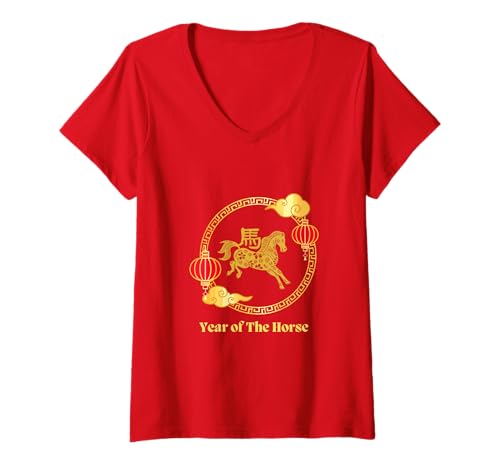 Damen Chinesisches Neujahr 2026 Jahr des Pferdes Mondneujahr T-Shirt mit V-Ausschnitt Damen Chinesisches Neujahr 2026 Jahr des Pferdes Mondneujahr T-Shirt mit V-Ausschnitt von Lantern Festival Tees Men Women
