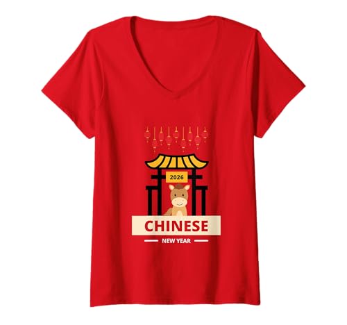 Damen Niedliches chinesisches Neujahr 2026 Jahr des Pferdes Sternzeichen T-Shirt mit V-Ausschnitt Damen Niedliches chinesisches Neujahr 2026 Jahr des Pferdes Sternzeichen T-Shirt mit V-Ausschnitt von Lantern Lunar 2026 Designs Tees Men Women