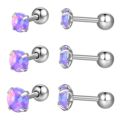 3 Paare Opal Ohrstecker Ohrringe Mädchen Damen Edelstahl kreis Lila Ohrstecker Set 16G 3/4/5mm Opal Schmuck von Lantine