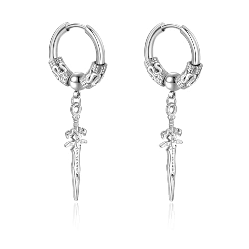 Lantine 12MM Creolen für Männer Silber Edelstahl Ohrringe Drachenader Hohl Kreuz-Anhänger Creolen Ohrringe Herren Punk Hip Hop Vintage Perforierter Knorpelschmuck Jewellery Hypoallergen von Lantine