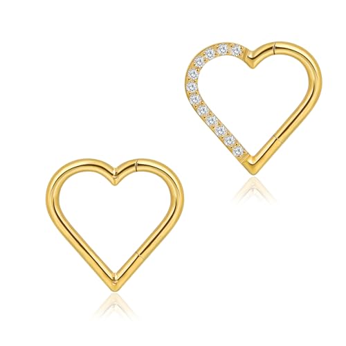 Lantine 16G Knorpel Ohrringe 316L Edelstahl + CZ Herz Ohrpiercing Scharnier Nahtlose Clicker Ohrring Conch Helix Rook Augenbraue Piercing Schmuck für Damen Herren Gold 10mm von Lantine