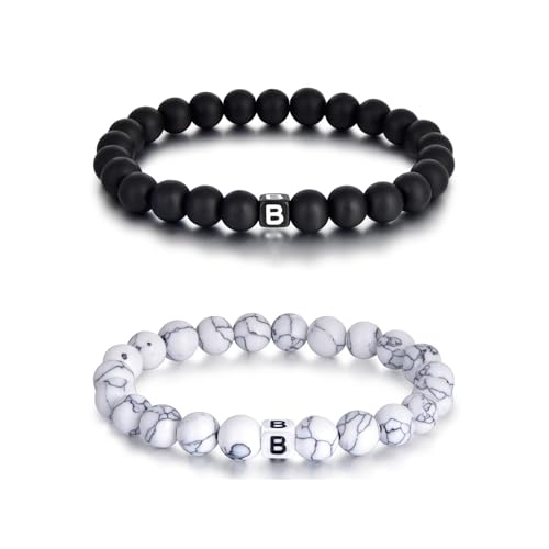 Lantine 2 Stück Mit Buchstaben B Armbänder 8mm Naturstein Pärchen Armband Perlenarmband Kommt in eine Raffinierte Geschenk-Box von Lantine