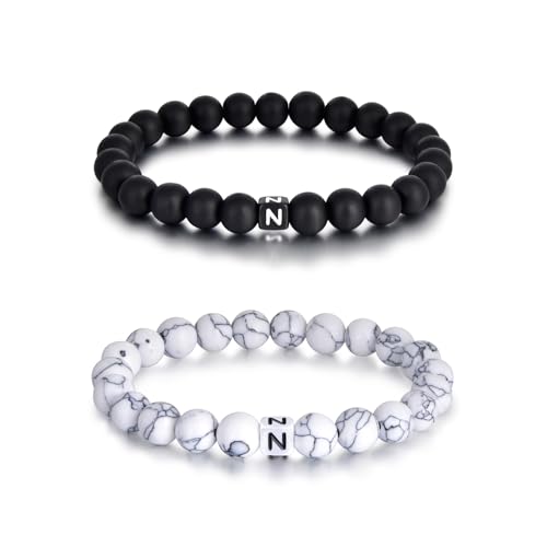 Lantine 2 Stück Mit Buchstaben N Armbänder 8mm Naturstein Pärchen Armband Perlenarmband Kommt in eine Raffinierte Geschenk-Box von Lantine