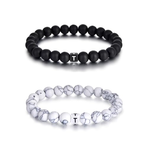 Lantine 2 Stück Mit Buchstaben T Armbänder 8mm Naturstein Pärchen Armband Perlenarmband Kommt in eine Raffinierte Geschenk-Box von Lantine