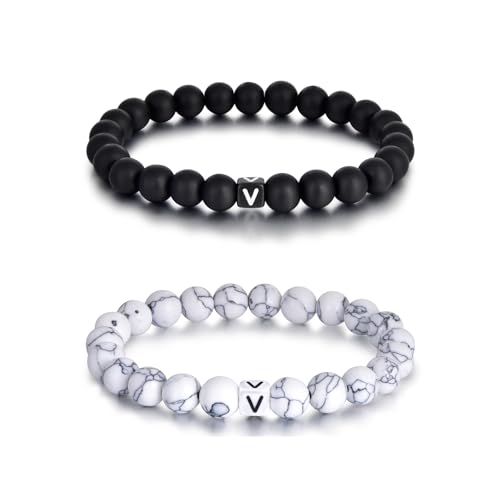 Lantine 2 Stück Mit Buchstaben V Armbänder 8mm Naturstein Pärchen Armband Perlenarmband Kommt in eine Raffinierte Geschenk-Box von Lantine