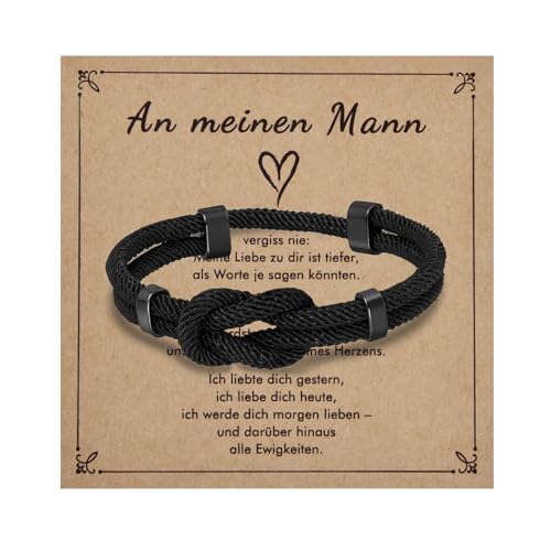Lantine Chinesische Knoten Armband Herren Schwarz Mailänder Seil Verstellbares Armbänder für Mann Ehemann Freund(18-34Cm) von Lantine