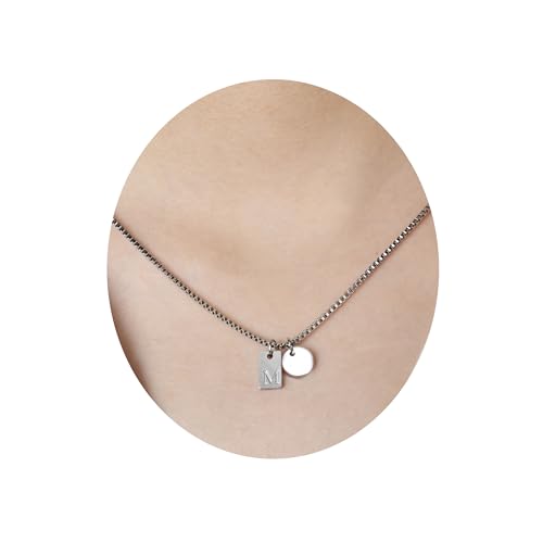 Lantine Damen Buchstaben Halskette M Titan Stahl, 41cm+5cm Verlängerung, 1.55mm Box Chain mit Rundanhänger von Lantine