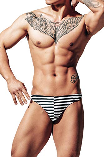 Lantra Besa Herren T Back G String Thong Badehose Bikini Bottom Slip für Sommer Schwimmen MEHRWEG cm (Typ 123) - Schwarz-Weiß Gestreift (L, um 2 Größen Kleiner als DE Norm) von Lantra Besa