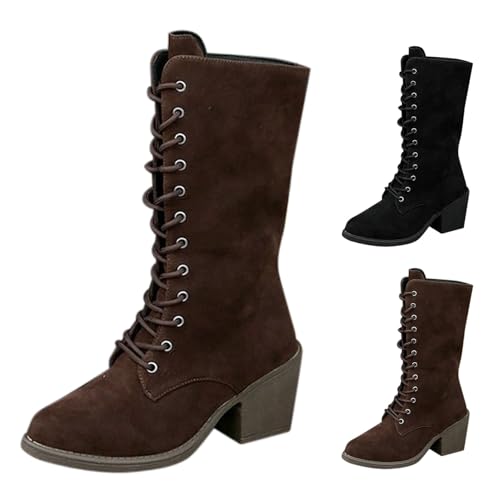 Damen-Stiefel, hohe Stiefel, elegant, Party, Stiefelette, Wade, modisch, hoher Absatz, rutschfest, bequem, Vintage, Schnürschuhe für Winter, Herbst, Frühling, Kaffeebraun, 36 EU von Lanunlly