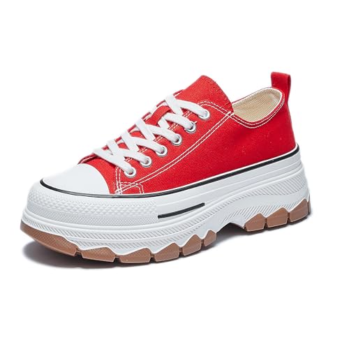 Damen Low Top Canvas Sneakers Bequeme Turnschuhe mit Schnürung für Campus Reisen Alltag Leisure Schuhe Rot Größe 35 von Lanverth