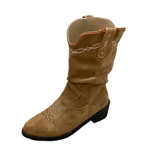Lanverth Bestickte Cowboystiefel aus Wildleder für Damen Mittelhohe Stiefel im Westernstil mit klobigen Absatz für Country Aprikose Größe 41 von Lanverth