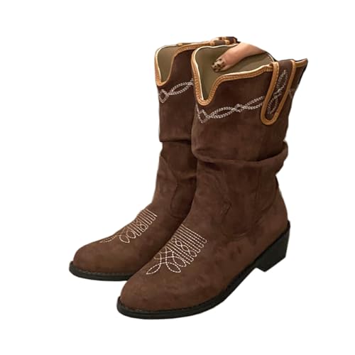 Lanverth Bestickte Cowboystiefel aus Wildleder für Damen Mittelhohe Stiefel im Westernstil mit klobigen Absatz für Country Braun Größe 41 von Lanverth