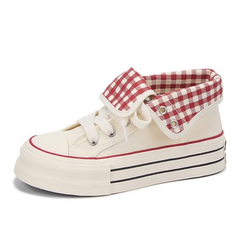 Lanverth Damen Canvas Sneaker mit Klappkragen – Leichte Freizeitschuhe für Campus & Alltag Beige Rot Größe 37 von Lanverth