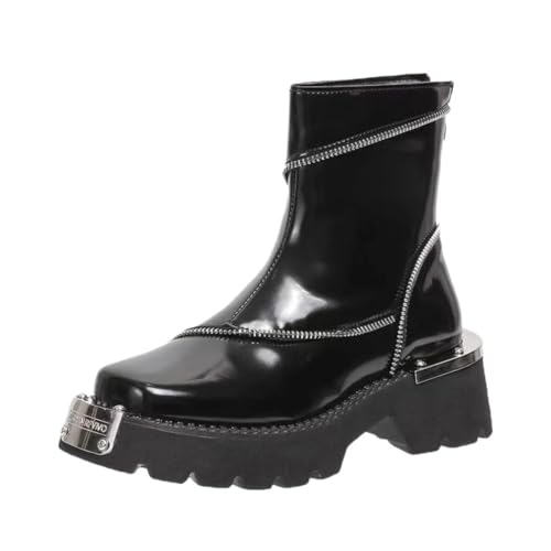 Lanverth Damen Goth Plateau Kampfstiefel Schicke quadratische Stiefeletten mit Reißverschluss Schwarz Größe 38 von Lanverth
