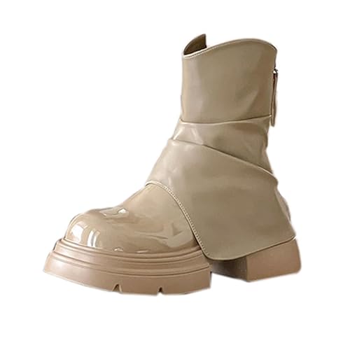 Lanverth Damen Plateau Biker Boots mit Rückreißverschluss - Elegante Mittelschaft-Stiefel mit Faltenoptik Khaki Größe 35 von Lanverth