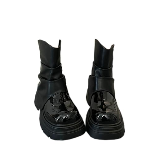 Lanverth Damen Plateau Biker Boots mit Rückreißverschluss - Elegante Mittelschaft-Stiefel mit Faltenoptik Schwarz Größe 38 von Lanverth