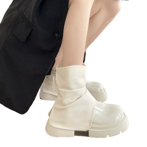 Lanverth Damen Plateau Biker Boots mit Rückreißverschluss - Elegante Mittelschaft-Stiefel mit Faltenoptik Weiß Größe 37 von Lanverth