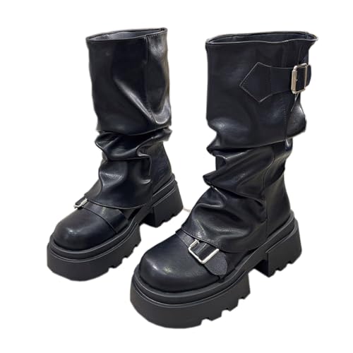 Lanverth Damen Plateau Fold Over Stiefel Square Toe Mid Calf Motorradstiefel mit Schnallenriemen Herbst Winter Braun Größe 40 von Lanverth