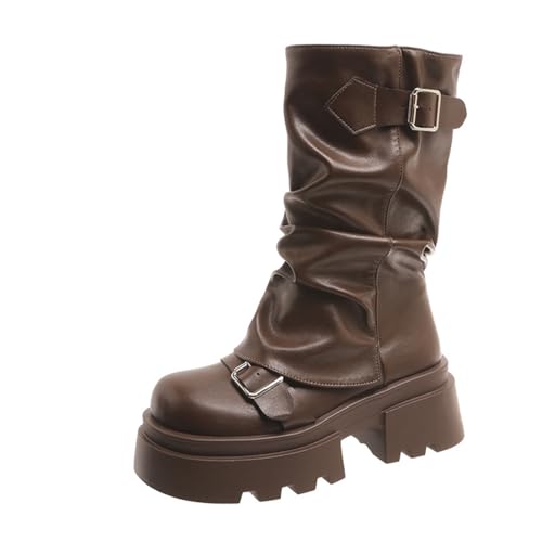 Lanverth Damen Plateau Fold Over Stiefel Square Toe Mid Calf Motorradstiefel mit Schnallenriemen Herbst Winter Schwarz Größe 39 von Lanverth
