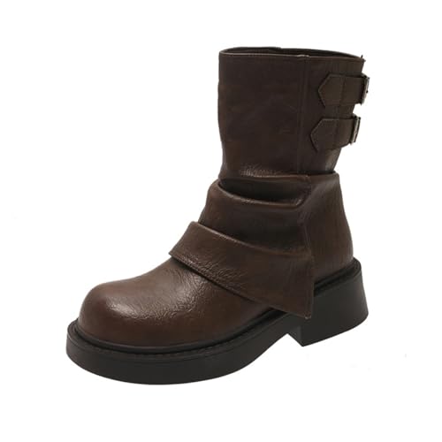 Lanverth Damen Plateau Motorradstiefel Retro Slouchy Fold Over Reitstiefel mit halber Wadenmitte mit Gürtelschnalle Braun Größe 38 von Lanverth