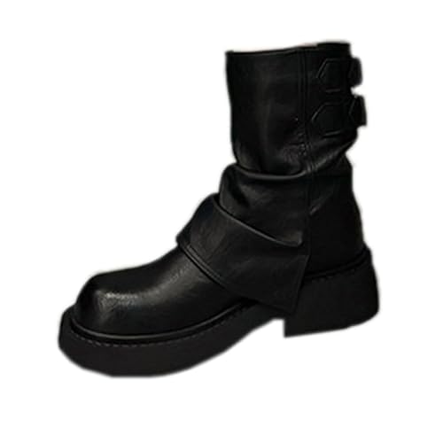 Lanverth Damen Plateau Motorradstiefel Retro Slouchy Fold Over Reitstiefel mit halber Wadenmitte mit Gürtelschnalle Schwarz Größe 39 von Lanverth