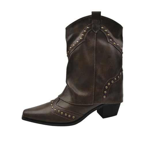 Lanverth Westernstiefel Damen Retro mit Nieten & Riemen Mittelhoher Schaft Blockabsatz Cowboystiefel Für Festivals Braun Größe 39 von Lanverth