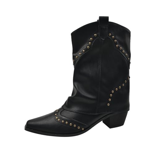 Lanverth Westernstiefel Damen Retro mit Nieten & Riemen Mittelhoher Schaft Blockabsatz Cowboystiefel Für Festivals Schwarz Größe 39 von Lanverth