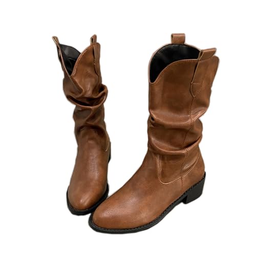 Lanverth Westernstiefel Damen Spitzenschuh mit Chunky Absatz Ziehhöschen Mittelhoher Schaft Für Alltag, Festivals Braun Größe 40 von Lanverth