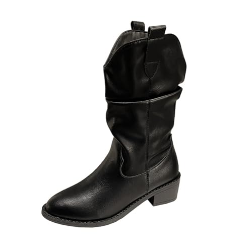 Lanverth Westernstiefel Damen Spitzenschuh mit Chunky Absatz Ziehhöschen Mittelhoher Schaft Für Alltag, Festivals Schwarz Größe 39 von Lanverth