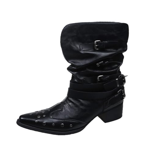Lanverth Westernstiefel Damen mit Nieten & Riemen Spitzenschuh Mittelhoher Schaft Blockabsatz Retro Style für Festivals Schwarz Größe 36 von Lanverth