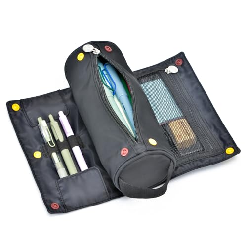 Lanxivi Federmäppchen mit großem Fassungsvermögen, aufrollbares Design, multifunktionaler Stifthalter, Schreibwaren-Stifttasche für Teenager, Mädchen und Jungen, Camping-Stil, Schwarz von Lanxivi