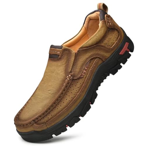 LANXY Herren Casual Lederschuhe Atmungsaktive Loafer Leichte Männer Fahrschuhe Slip On Mode Bootsschuhe Outdoor Rutschfest Komfort, Khaki, 42 EU von Lanxy