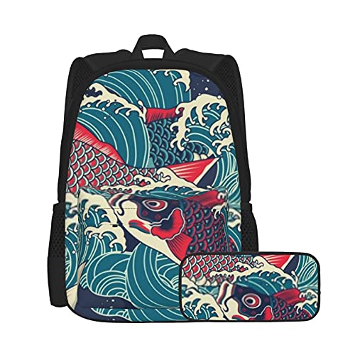 Buntes japanisches Koicarp Fischwelle, Unisex-Rucksack und Federmäppchen, multifunktionaler Rucksack, Kombination, zweiteiliges Set, lässige Schul-Büchertasche mit Federmäppchen für Jungen und Mädchen von Lanyanlei