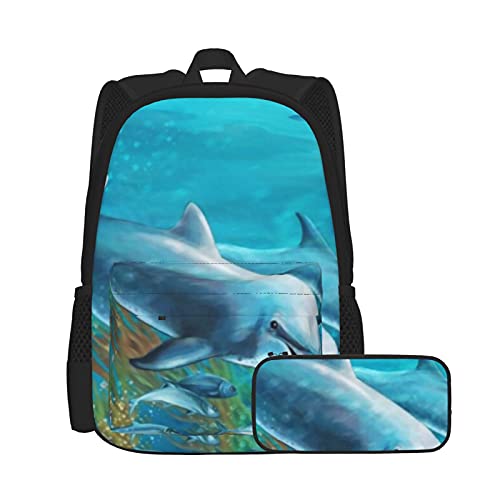 Delphin Coral Reef Unisex-Rucksack und Federmäppchen, multifunktionaler Rucksack, Kombination, zweiteiliges Set, lässige Schul-Büchertasche mit Federmäppchen, für Jungen und Mädchen von Lanyanlei