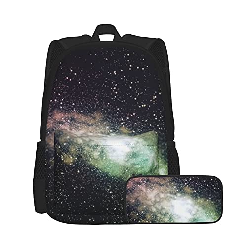 Glowing Galaxy Unisex Rucksack und Federmäppchen-Set, multifunktionaler Rucksack, Kombination, zweiteiliges Set, lässige Schul-Büchertasche mit Federmäppchen, für Jungen und Mädchen von Lanyanlei