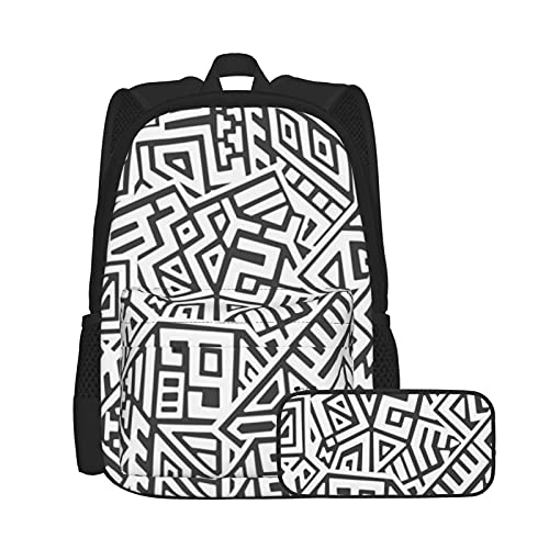 Kreatives geometrisches Muster, Unisex-Rucksack und Federmäppchen, multifunktionaler Rucksack, Kombination, zweiteiliges Set, lässige Schul-Büchertasche mit Federmäppchen für Jungen und Mädchen von Lanyanlei