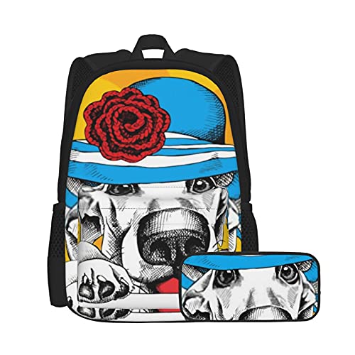 Lustiges Hundeporträt mit blauem Sommerhut, Unisex-Rucksack und Federmäppchen, multifunktionaler Rucksack, Kombination, zweiteiliges Set, lässige Schul-Büchertasche mit Federmäppchen für Jungen und von Lanyanlei