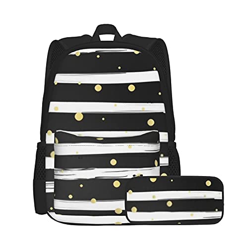 Unisex-Rucksack und Federmäppchen-Set, horizontale Linien und goldene Punkte, multifunktionaler Rucksack, Kombination, zweiteiliges Set, lässige Schul-Büchertasche mit Federmäppchen, für Jungen und von Lanyanlei